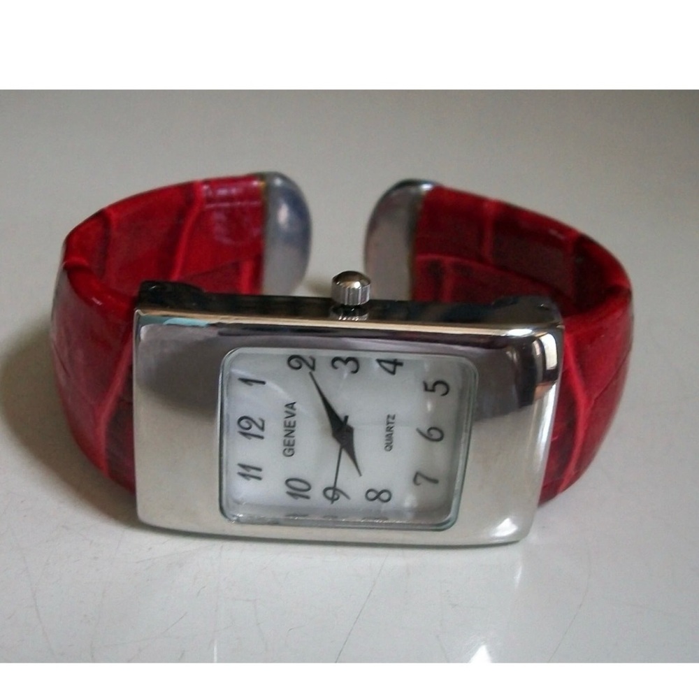 Women deep red leather band number dial fashion cuff bangle watch